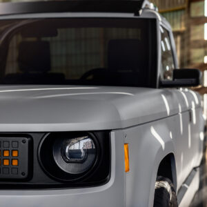 A close up of the Slate Auto truck's headlight