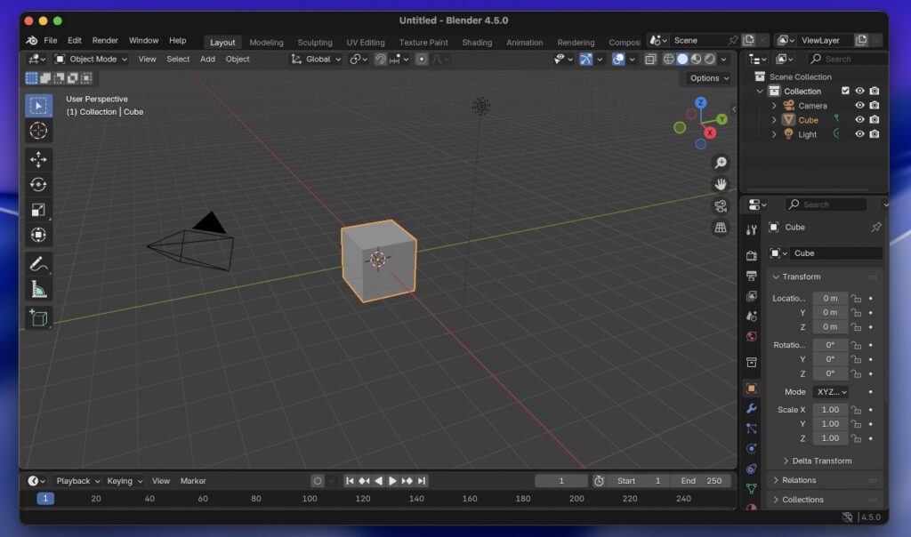A screenshot of a fresh new project in Blender