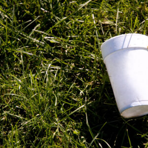 An empty styrofoam coffee cup lying on the ground.