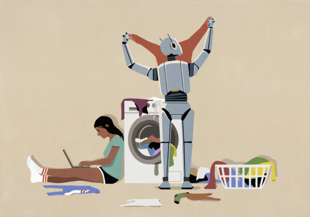 Illustration of humanoid robot folding laundry at dryer while teenage girl uses laptop.