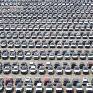 A large number of new cars are parked in a car production base awaiting transfer in Hangzhou, Zhejiang Province, China, on May 27, 2026. (Photo by Costfoto/NurPhoto via Getty Images)