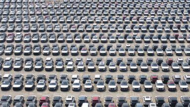 A large number of new cars are parked in a car production base awaiting transfer in Hangzhou, Zhejiang Province, China, on May 27, 2026. (Photo by Costfoto/NurPhoto via Getty Images)