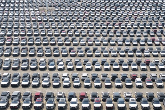 A large number of new cars are parked in a car production base awaiting transfer in Hangzhou, Zhejiang Province, China, on May 27, 2026. (Photo by Costfoto/NurPhoto via Getty Images)