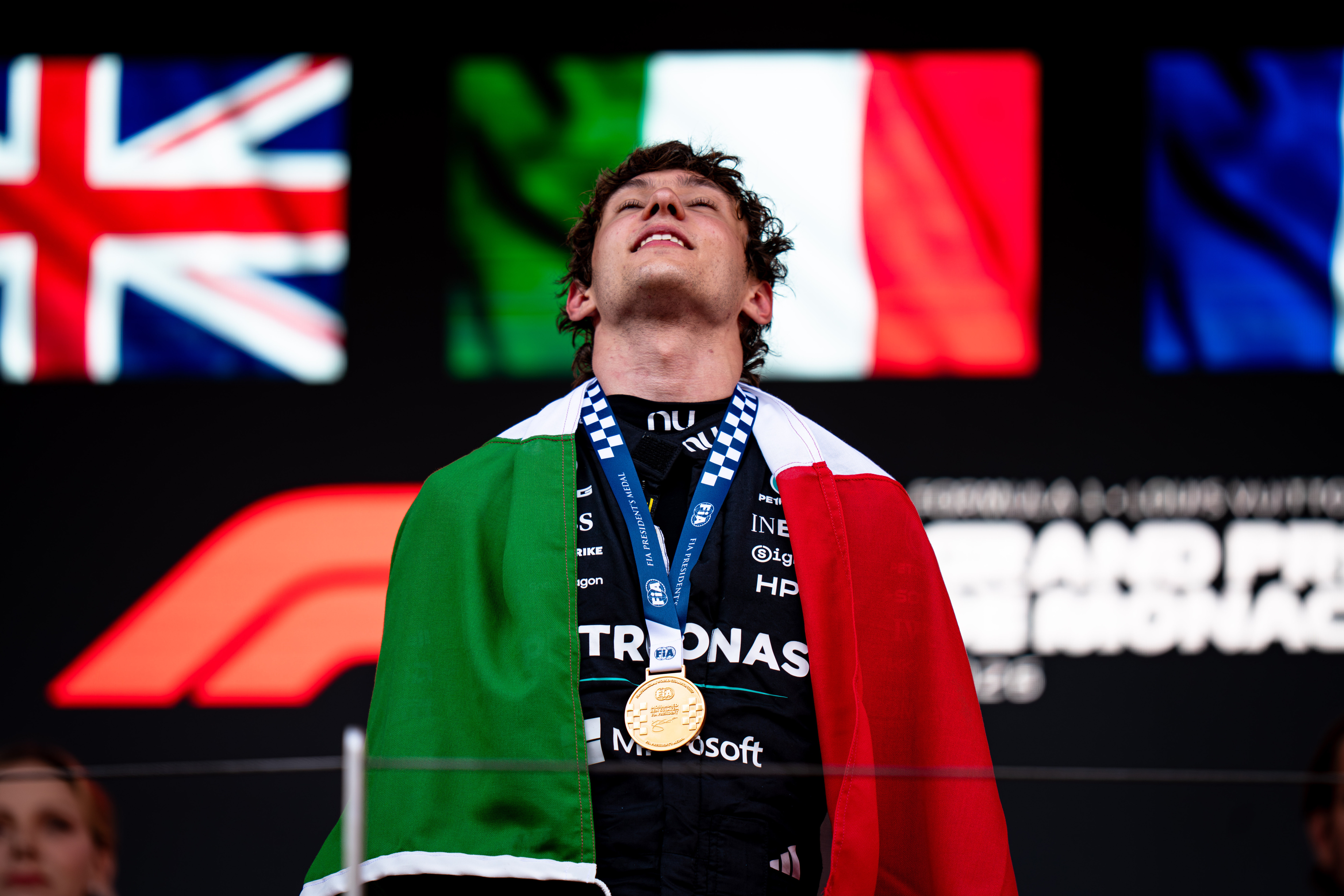 MONTE CARLO, MONACO - 2026/06/07: Andrea Kimi Antonelli (ITA) (Mercedes-AMG Petronas F1 Team) on the podium after the race of the Formula 1 Louis Vuitton Grand Prix de Monaco 2026 at the Circuit de Monaco. (Photo by Luca Martini/SOPA Images/LightRocket via Getty Images)
