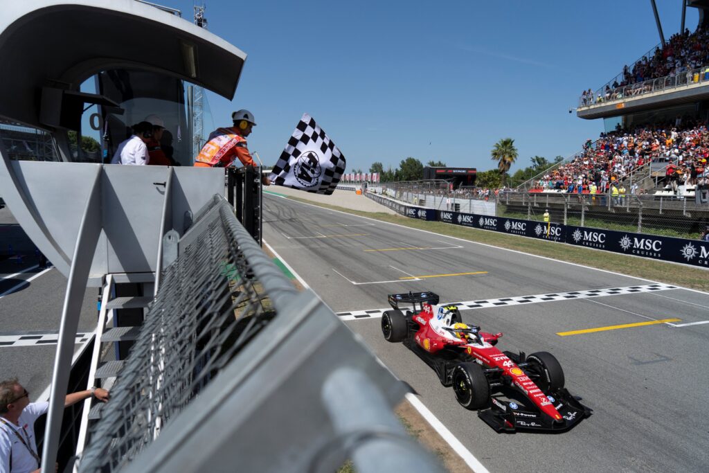 Ferrari's British driver Lewis Hamilton finishes first at the end of the Catalonia Formula One Grand Prix at the Circuit de Catalunya in Montmelo, on the outskirts of Barcelona, on June 14, 2026. (Photo by Manaure QUINTERO / POOL / AFP via Getty Images)