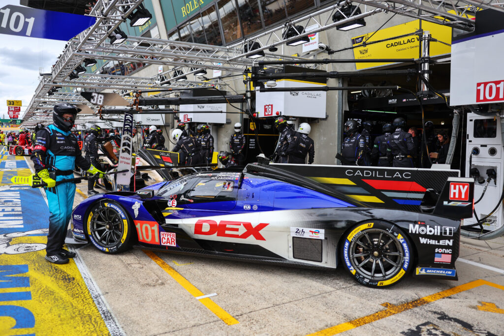 LE MANS, FRANCE - JUNE 11: The #101 Cadillac WTR Cadillac V-Series.R of Ricky Taylor, Jordan Taylor and Filipe Albuquerque driving in the Pitlane during practice ahead of the Le Mans 24 Hours at the Circuit de la Sarthe on June 11, 2026 in Le Mans, France. (Photo by Colin McMaster/Getty Images)