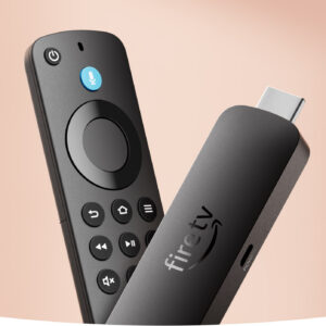 An Amazon Fire TV Stick 4K Select with its remote.
