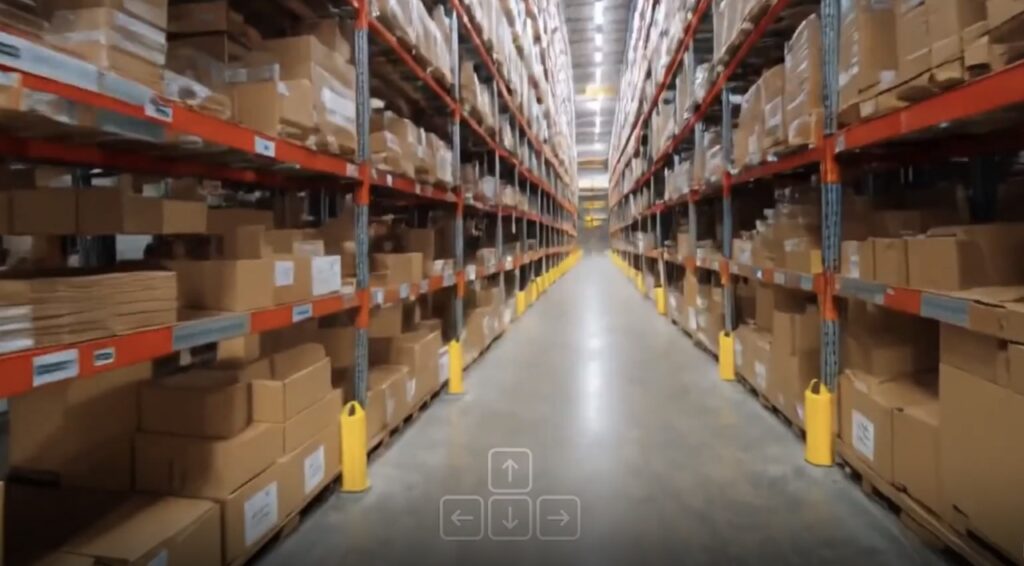 A warehouse floor with an overlay of arrow buttons