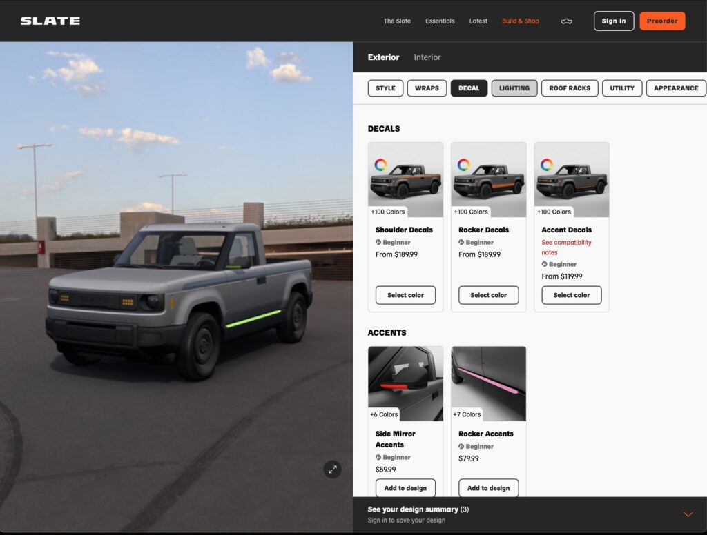 A screenshot of Slate Auto's configurator