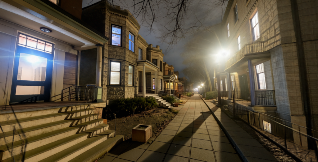 A depiction of a city walkway at night, with brownstones on either side