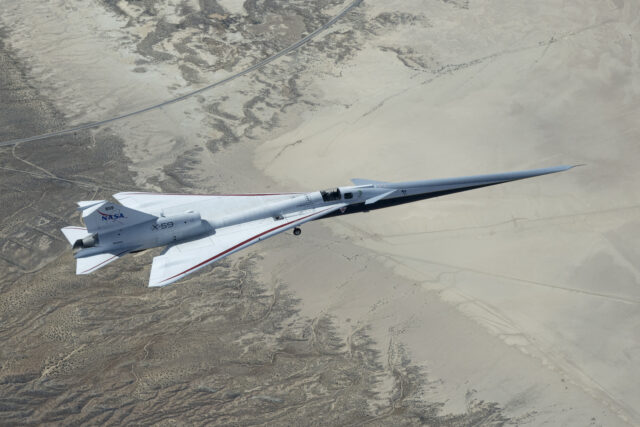 NASA’s X-59 quiet supersonic jet flies over the Mojave Desert during its third flight on Thursday, March 26, 2026, from NASA’s Armstrong Flight Research Center in Edwards, California.