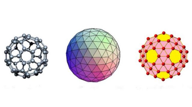 A new boron nanomaterial: The carbon Buckminsterfullerene or "buckyball" (left) made from 60 carbon atoms was named after the geodesic sphere (middle) popularized by futurist Buckminster Fuller.