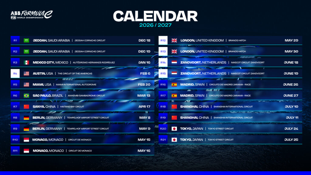 The Formula E 2026-2027 calendar