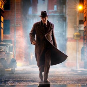 color version of Nic Cage as Ben/The Spider in 1930s PI garb striding down a neon-lit NYC street