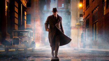 color version of Nic Cage as Ben/The Spider in 1930s PI garb striding down a neon-lit NYC street