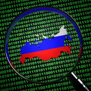 Magnifying glass found the Russia map among computer binary code. Illustration of the concept of Russian Internet hackers