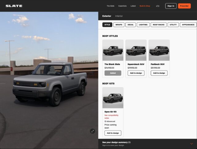 Screenshot of the Slate Auto online configurator showing base model pricing and options.