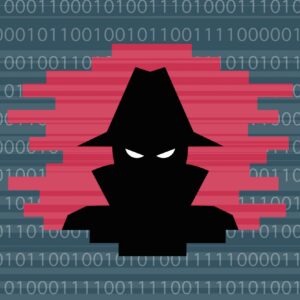 Illustration of a shadowy figure whose face is covered, on a digital background composed of ones and zeroes.
