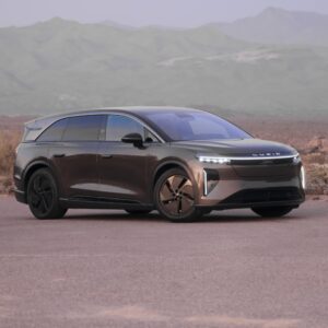 A Lucid Gravity parked in the desert