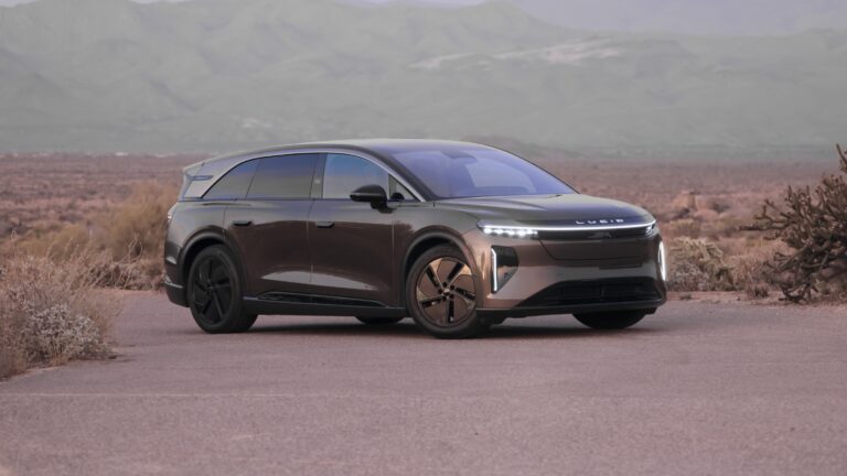 A Lucid Gravity parked in the desert