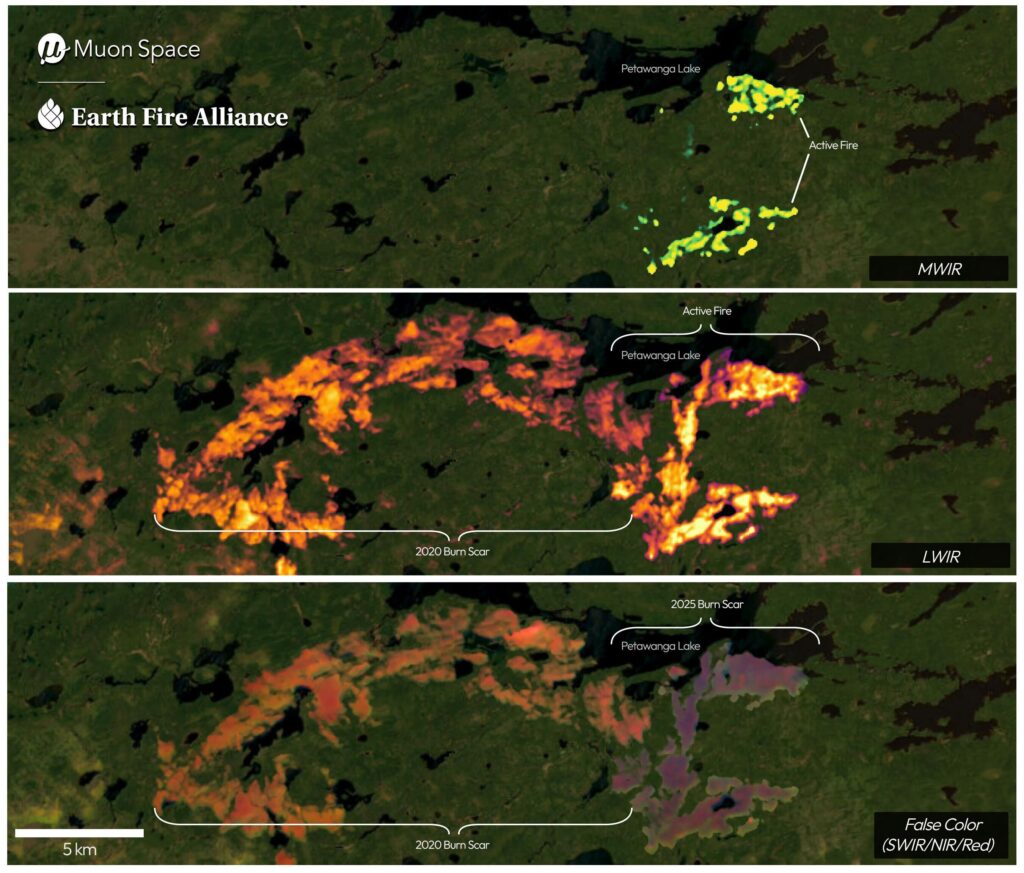 The Nipigon 6 fire in Ontario, Canada, on June 15, 2025, visualized over a Google Earth basemap using FireSat's infrared imagery.