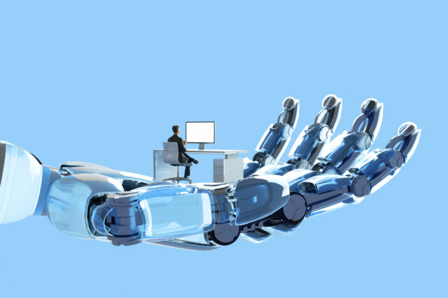 Digital illustration of robot's hand holding and supporting man who is sitting at a desk using a computer.