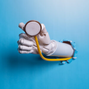 A robotic arm bust through a blue wall while holding a medical stethoscope.