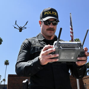 Officer Taylor Palmero practices agility drills while flying an unmanned aerial vehicle at the Riverside Police Department in Riverside on Friday, June 26, 2026.