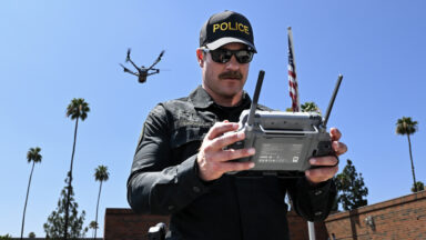 Officer Taylor Palmero practices agility drills while flying an unmanned aerial vehicle at the Riverside Police Department in Riverside on Friday, June 26, 2026.