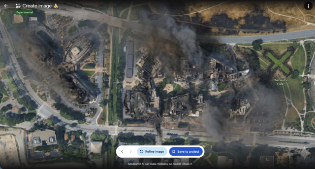 An AI-modified image created using Google's Nano Banana 2 image generator that was temporarily available in Google Earth. The AI-modified image shows a fake scene of fire, smoke and burn scars at the Googleplex, the corporate headquarters for Google and Alphabet in Mountain View, California.