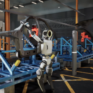 A concept image showing Boston Dynamics Atlas humanoid robots working in an auto factory. The robots are lifting car frames and carrying them to work stations.