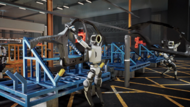 A concept image showing Boston Dynamics Atlas humanoid robots working in an auto factory. The robots are lifting car frames and carrying them to work stations.