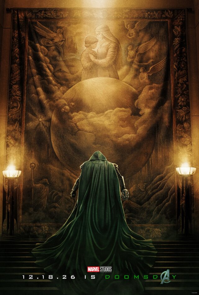 poster art showing cloaked figure in foreground in front of a gold hued tapestry showing a mother and child