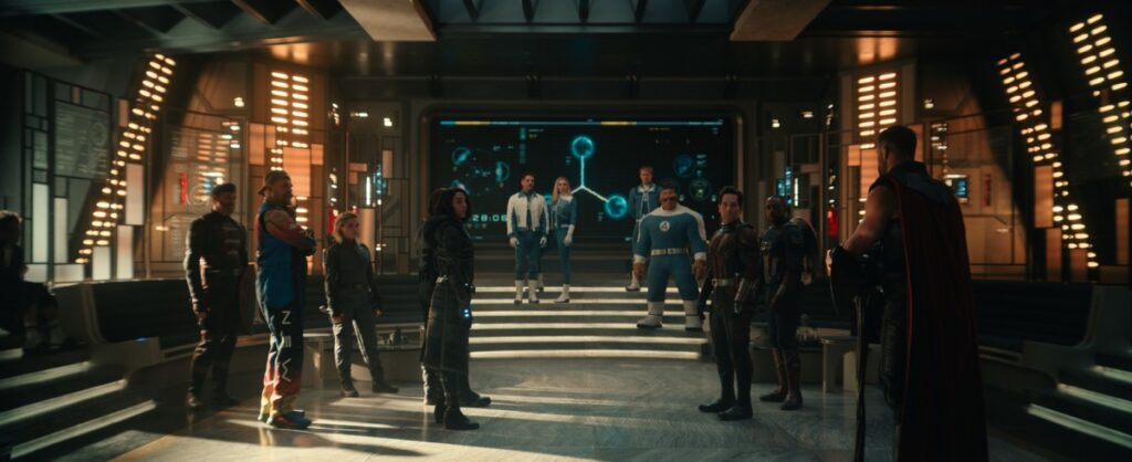 various assembled superheros standing awkwardly in a large room