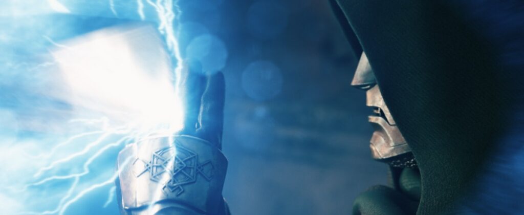 doctor doom in profile, holding up a hand to stop a blast of super powered energy
