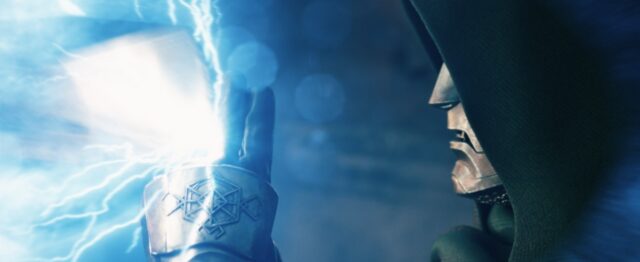doctor doom in profile, holding up a hand to stop a blast of super powered energy