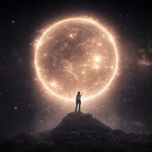 Image of a small figure standing in front of an animation of a star.