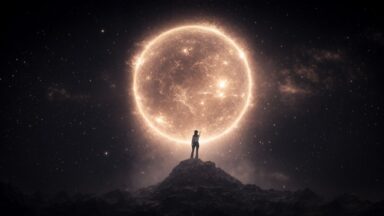 Image of a small figure standing in front of an animation of a star.