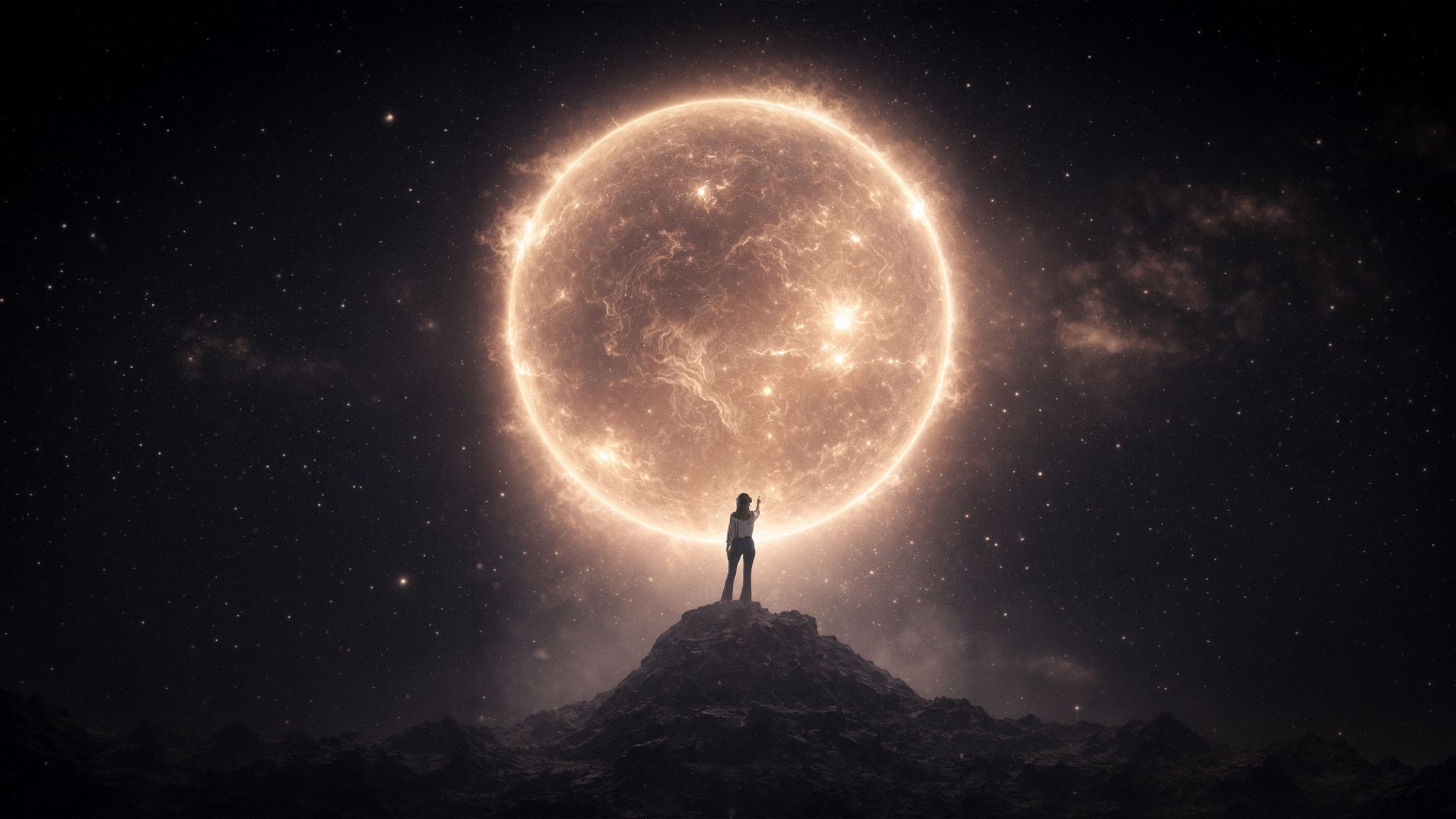 Image of a small figure standing in front of an animation of a star.