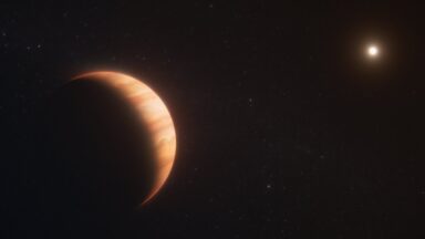 Artist's version of a large planet orbiting a small, dim star.