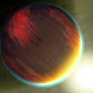 Image of a orange planet with its host star in the lower right, illuminating the far side of the planet.