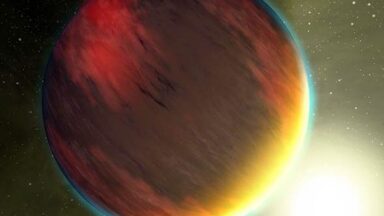 Image of a orange planet with its host star in the lower right, illuminating the far side of the planet.