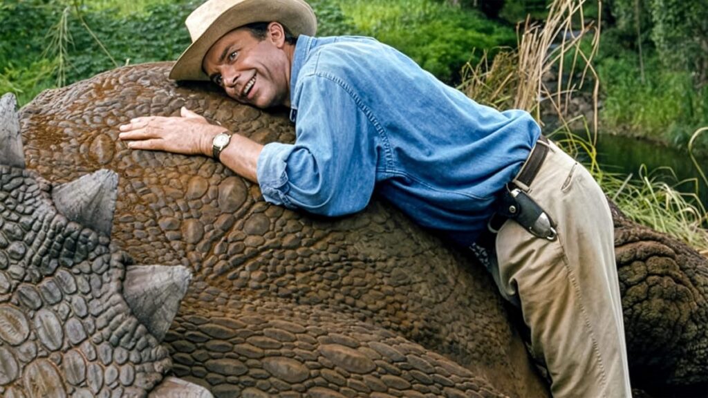 man in field hat blue shirt and khakis leaning against a triceratops feeling it breath and smiling with astonished delight