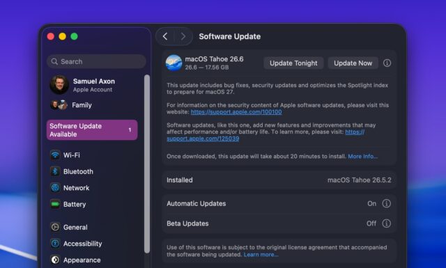 The System Settings update panel in macOS, showing the macOS 26.6 update.