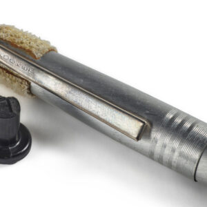a black plastic piece and a chrome-colored pen with velcro attached to its top