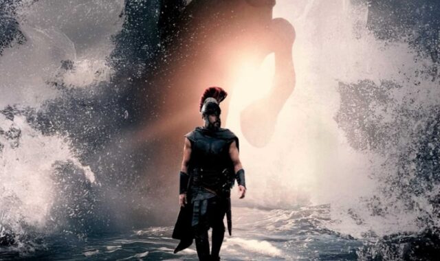 poster art showing an Ithacan soldier in full armor standing against a backdrop of sea spray and a giant rearing horse