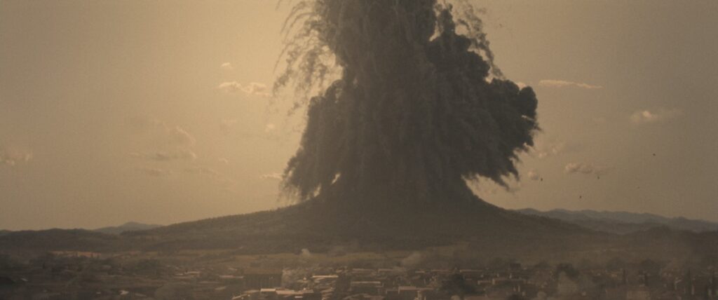 A CGI depiction of the Roman city of Pompeii as it might have appeared in AD 79 with Mount Vesuvius erupting in the background, it's ash column expanding like an umbrella.