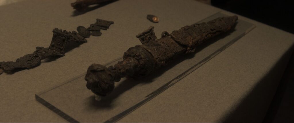 The Praetorian's sword and belt, which was excavated on the beach of Herculaneum, on a table in the archaeological relics storage at Herculaneum Archaeological Park.