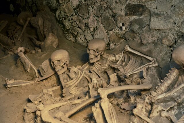 Human remains inside of the boat sheds at Herculaneum, where people took shelter from the eruption of Mt. Vesuvius.