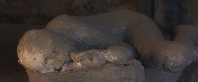 Plaster casts of the victims from the eruption of Vesuvius, on display at Pompeii Archaeological Park.